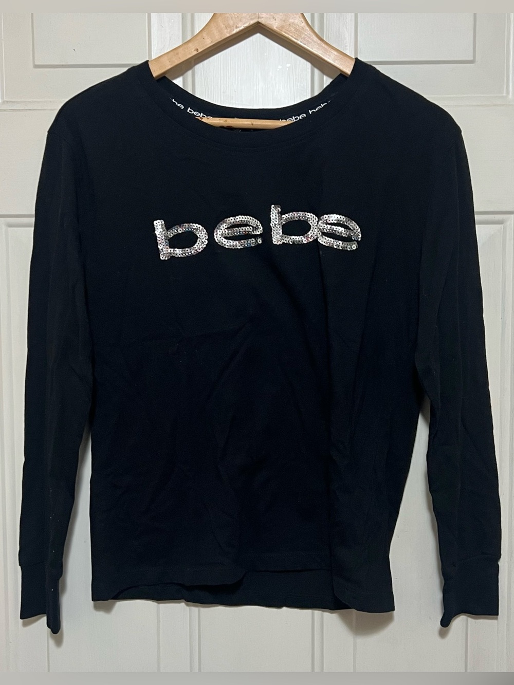 Bebe Black Long Sleeve Top w/ Silver Sequin Logo | Size M | Crewneck